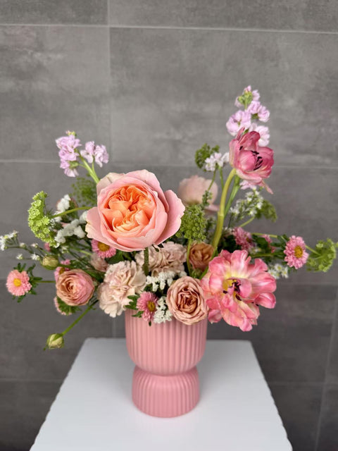 Pink Reverie - An All Around Floral Arrangement in Matt Pink Ceramic Cyprus Egg Cup Vase